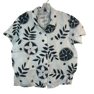 Hot Cotton by Marc Ware Womens Small White Black Floral Linen Blend Button Top